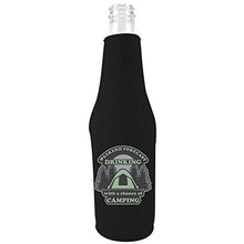 Load image into Gallery viewer, black zipper beer bottle koozie with weeked forecast drinking with a chance of camping

