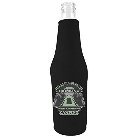 black zipper beer bottle koozie with weeked forecast drinking with a chance of camping