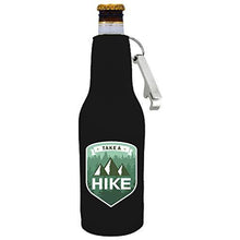 Load image into Gallery viewer, black zipper beer bottle koozie with opener and take a hike design 
