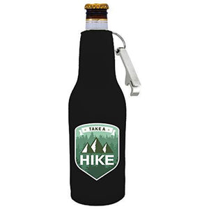 black zipper beer bottle koozie with opener and take a hike design 