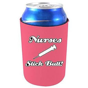 pink can koozie with "nurses stick butt" funny text and syringe graphic design