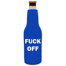 Load image into Gallery viewer, blue zipper beer bottle koozie with fuck off design 
