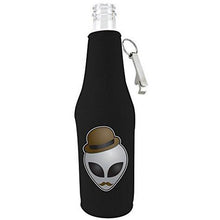 Load image into Gallery viewer, Black zipper beer bottle koozie with opener and funny alien in disguise design 
