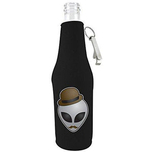 Black zipper beer bottle koozie with opener and funny alien in disguise design 