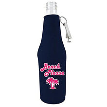 Load image into Gallery viewer, navy blue beer bottle koozie with bottle opener and funny beach please design
