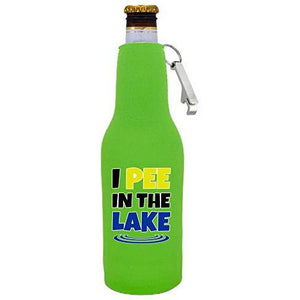 I Pee In The Lake Beer Bottle Coolie with Opener Attached
