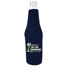 Load image into Gallery viewer, navy zipper beer bottle koozie with just tap it in tap tap taparoo! design 
