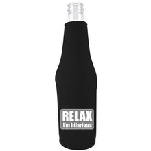 Load image into Gallery viewer, black beer bottle koozie with &quot;relax I&#39;m hilarious&quot; funny text design
