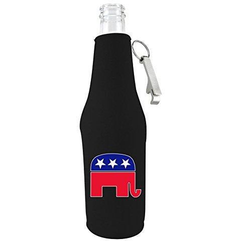 black beer bottle koozie with republican party elephant logo design