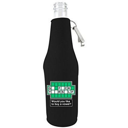 black zipper beer bottle koozie with opener and go f yourself design 