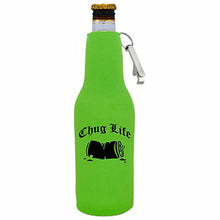 Load image into Gallery viewer, 12 oz zipper beer bottle koozie with opener and chug life design 
