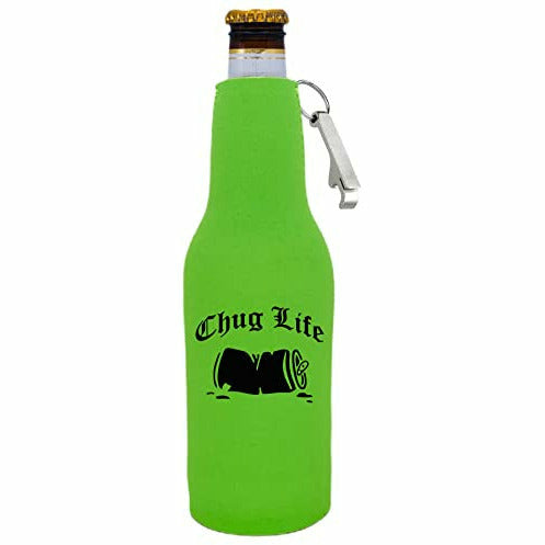 12 oz zipper beer bottle koozie with opener and chug life design 