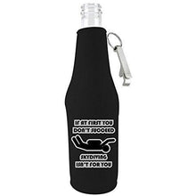 Load image into Gallery viewer, black zipper beer bottle koozie with opener and funny if at first you dont succeed skydiving isnt for you design 
