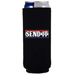 Black slim can koozie with “send it” text with red white and blue background design