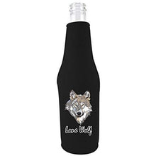 Load image into Gallery viewer, black zipper beer bottle koozie with lone wolf design 
