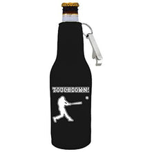 Load image into Gallery viewer, black zipper beer bottle koozie with opener and touchdown design 
