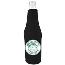 Load image into Gallery viewer, black zipper beer bottle koozie with funny i&#39;d rather be fishing design
