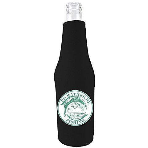 black zipper beer bottle koozie with funny i'd rather be fishing design