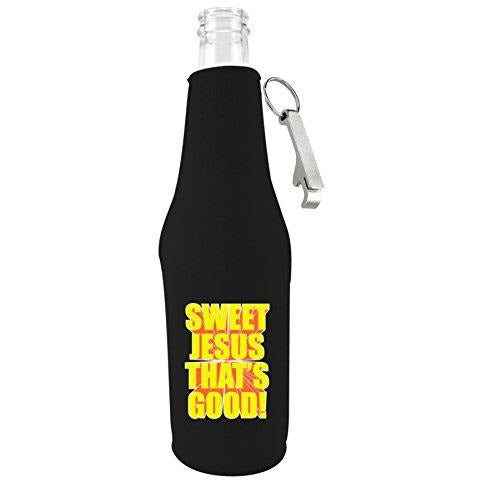 black zipper beer bottle with opener and funny sweet Jesus that;s good design 