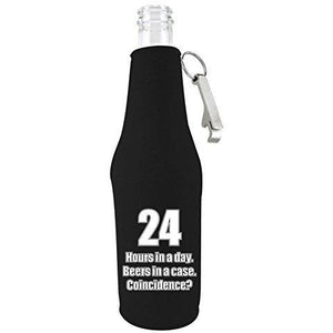 black zipper beer bottle koozie with opener and funny twenty four hours in a day beers in a case coincidence design