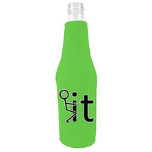 Load image into Gallery viewer, bright green beer bottle koozie with &quot;it&quot; text and stickman humping the word design
