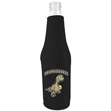 Load image into Gallery viewer, black zipper beer bottle koozie with funny drunkasaurus
