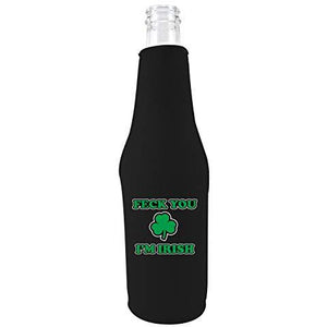 black zipper beer bottle koozie with feck you im irish design 
