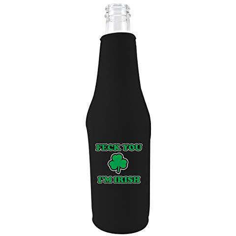 black zipper beer bottle koozie with feck you im irish design 