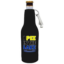 Load image into Gallery viewer, black beer bottle koozie with opener and “I pee in the lake” funny text design
