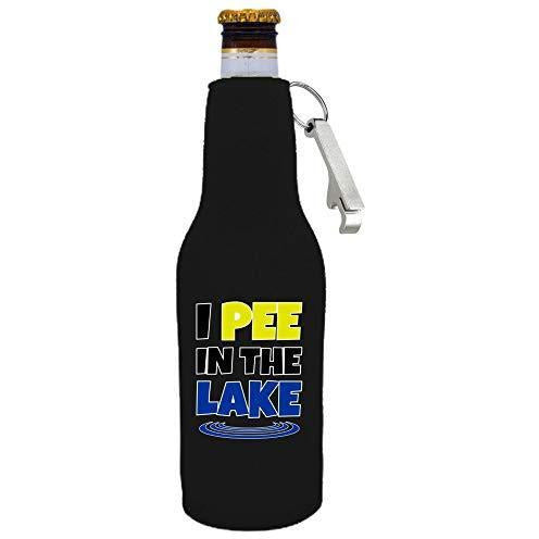 black beer bottle koozie with opener and “I pee in the lake” funny text design