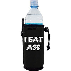 black water bottle koozie with "i eat ass" funny text design