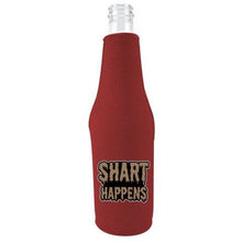 Load image into Gallery viewer, burgundy beer bottle koozie with &quot;shart happens&quot; funny text design
