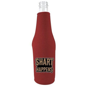 burgundy beer bottle koozie with "shart happens" funny text design