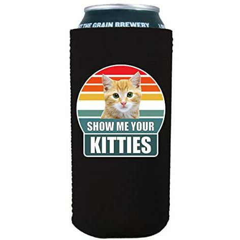 Black 16 oz can koozie with show me your kitties design