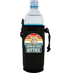Black water bottle koozie with show me your kitties design 
