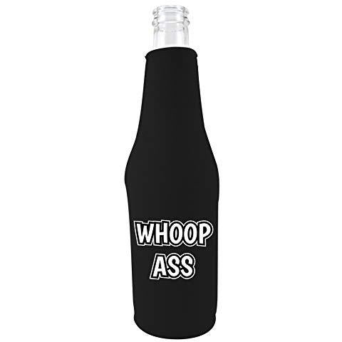 black zipper beer bottle koozie with whoop ass design 
