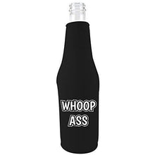 Load image into Gallery viewer, black zipper beer bottle koozie with whoop ass design 
