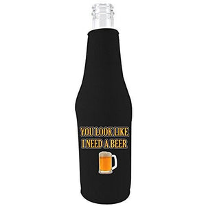black beer bottle koozie with opener and "you look like i need a beer" text and beer mugs graphic design