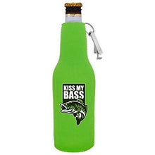 Load image into Gallery viewer, neon green beer bottle koozie with opener and &quot;kiss my bass&quot; funny text and bass fish graphic
