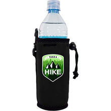Load image into Gallery viewer, black water bottle koozie with take a hike design, mountains and trees graphic
