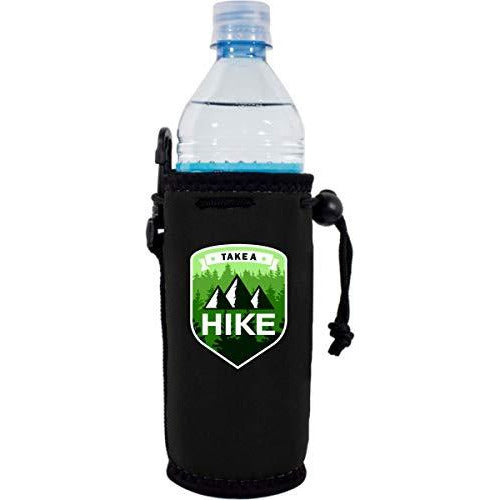 black water bottle koozie with take a hike design, mountains and trees graphic