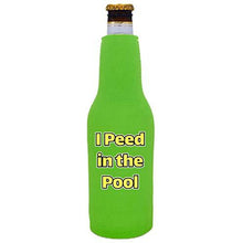 Load image into Gallery viewer, bright green zipper beer bottle koozie with i peed in the pool design 
