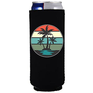 slim can koozies with retro palm trees design 