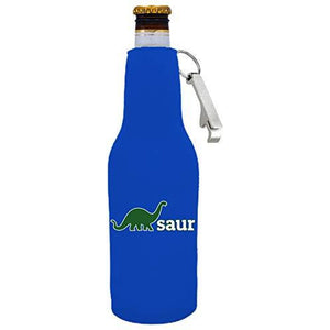 royal blue beer bottle koozie with "dino-saur" design