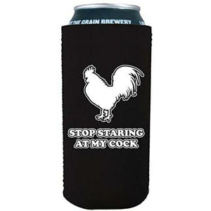 Black 16 oz koozie with stop staring at my cock design