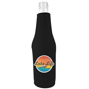 black zipper beer bottle koozie with lake life design 