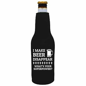 12 oz zipper beer bottle koozie with i make beer disappear design 