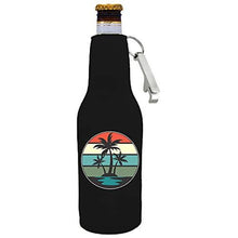 Load image into Gallery viewer, zipper beer bottle with opener koozie with retro palm trees design 
