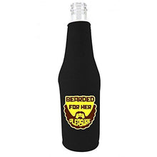 Load image into Gallery viewer, black zipper beer bottle koozie with bearded for her pleasure design 
