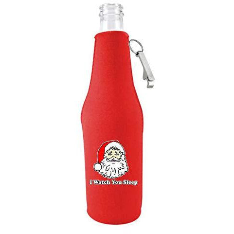 red zipper beer bottle koozie with opener and i watch you sleep design 